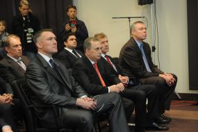 Participants of presentation of project of building of sporting complex “Kalmius Arena”