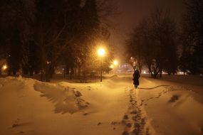 A woman goes on a snowy street