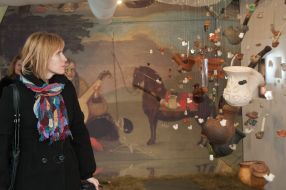 A visitor views exhibits