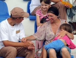 Pupil of colony for juvenile delinquents hugs relatives