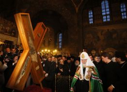 Patriarch Kirill near the Cross of St. Andrey