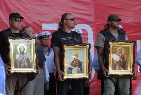 The members of the bike club "Night Wolves"