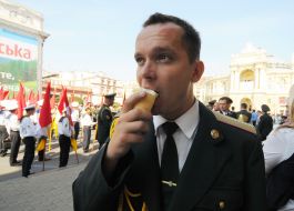 The soldier eats ice cream