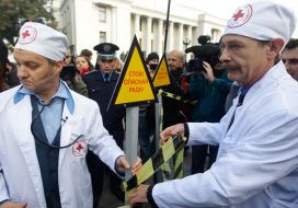 Participants of the action satirical Democratic Party of Ukraine