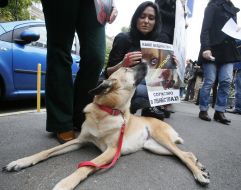 Participants of the protest holds a placard