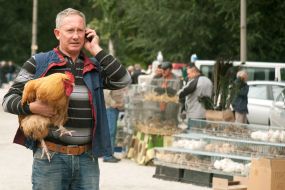A man holds a cock