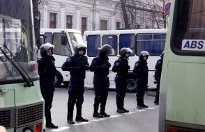 Law enforcers near the parliament building