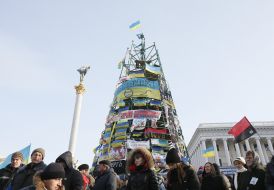 Flags of Ukraine on ferrous framework of new-year tree