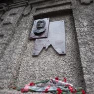 Broken plaque to Brezhnev