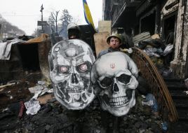 Protesters with home-made shields