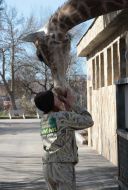 Сотрудница парке возле жирафа