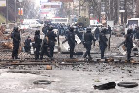 Law enforcement officers on the street. Hrushevskoho