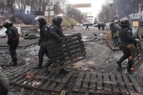 Law enforcement officers on the street. Hrushevskoho