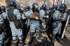 Law enforcers outside the "Party of Regions" office