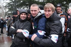 Participants of the mass meeting near building of parliament of Crimea