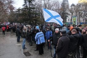 Participants of the mass meeting near building of parliament of Crimea