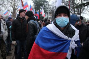 Participants of the mass meeting near building of parliament of Crimea