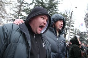 Participants of the mass meeting near building of parliament of Crimea