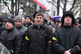 Participants of the mass meeting near building of parliament of Crimea