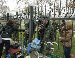 Soldiers play soccer at Belbek airdrom