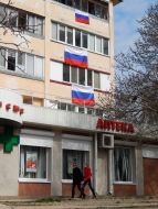 Russian flags on balconies