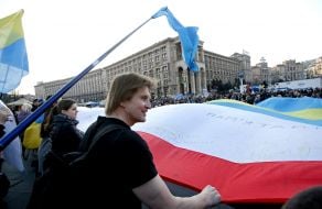 Flags of Ukraine, Crimea and Crimean flag stitched together
