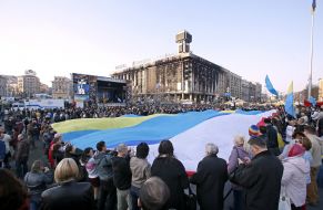 Flags of Ukraine, Crimea and Crimean flag stitched together