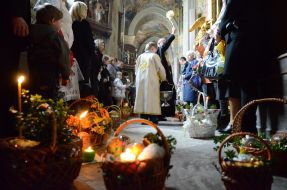 The priest blesses Easter baskets