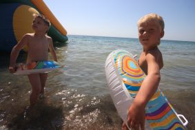 Participants of swim on mattresses