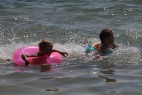 Participants of swim on mattresses