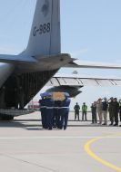 The soldiers loaded the coffin into the plane