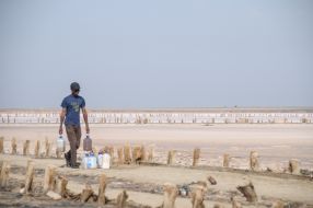 Rose salt lake at the former Genichesk Saltworks plant at Kherson Region