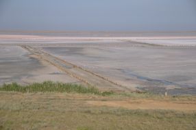 Rose salt lake at the former Genichesk Saltworks plant at Kherson Region