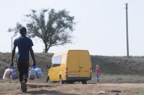Rose salt lake at the former Genichesk Saltworks plant at Kherson Region