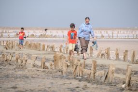 Rose salt lake at the former Genichesk Saltworks plant at Kherson Region