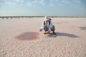 Rose salt lake at the former Genichesk Saltworks plant at Kherson Region