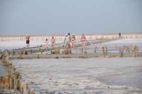 Rose salt lake at the former Genichesk Saltworks plant at Kherson Region