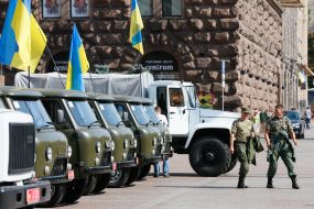 Battalion "Aydar" soldiers near vehicles