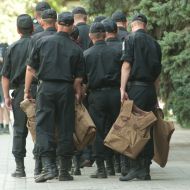 Employees of militia battalion of special purpose "Scythian" with body armor