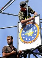 Activists set shield on stage on Maidan Nezalezhnosti