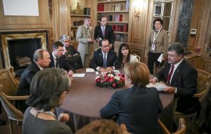 Petr Poroshenko, Angela Merkel, Francois Hollande and Vladimir Putin