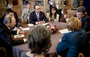 Petr Poroshenko, Angela Merkel, Francois Hollande and Vladimir Putin