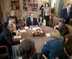 Petr Poroshenko, Angela Merkel, Francois Hollande and Vladimir Putin