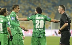 Players of FC "Karpaty" arguing with the umpire