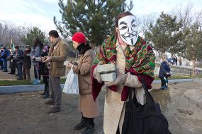 Activists pass disassembled pieces of roadway