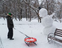 A boy near a snowman