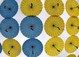 Blue and yellow umbrellas