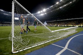 Broken football gates at the Olimpiysky stadium in Kiev