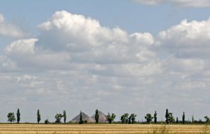 A field of waste heaps and wheat
