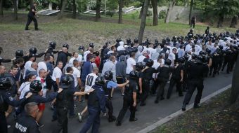 Law enforcement officers cordoned off the Polish football fans